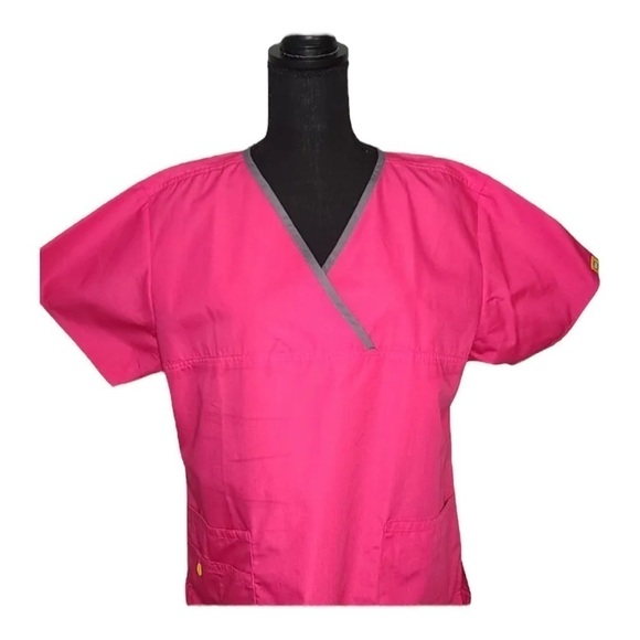 WONDERWINK Women's Pink Scrubs Charlie 5 Pocket Y-Neck Wrap Top Size L - Picture 2 of 2